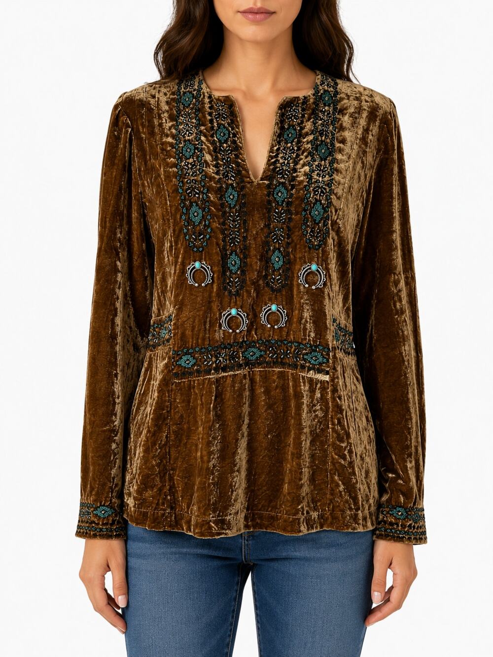 Double D Ranch Velvet Tunic Top Gold Yellow Silk Embroidered Western Boho L
